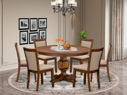 F3MZ7-50N-04 7-Pc Kitchen Table Set Includes a Pedestal Table and 6 Light Tan Polyester Dining Room Chairs with Padded Back - Antique Walnut