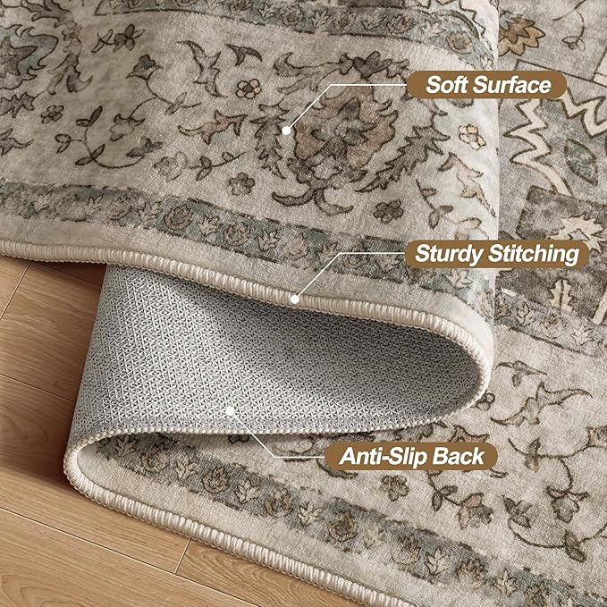 Tangsoo 2x10 Washable Runner Rug for Hallways, Non Slip Vintage Runner Rug, Soft Low Pile Long Runner, Print Distressed Brown/Grey Carpet Runners for Kitchen Bedroom Entryway Bathroom Living Room