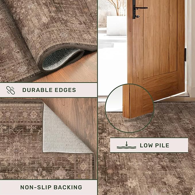 Brown Boho Washable 3x6 Large Kitchen Runner Rug, Indoor Entryway Home Office Floor Rug, Non-Slip Stain & Fade Resistant, Vintage Dark Neutral Floral Decor