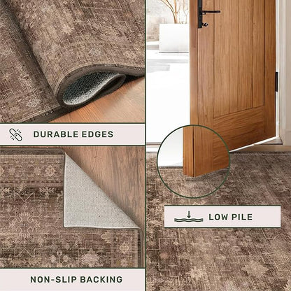 Boho Taupe Brown Living Room Rug 8x10 - Modern Vintage Traditional Eclectic Oriental Neutral, Washable Low Pile Non-Slip Extra Large Area Rugs for Dining Under Table Bedroom Lounge