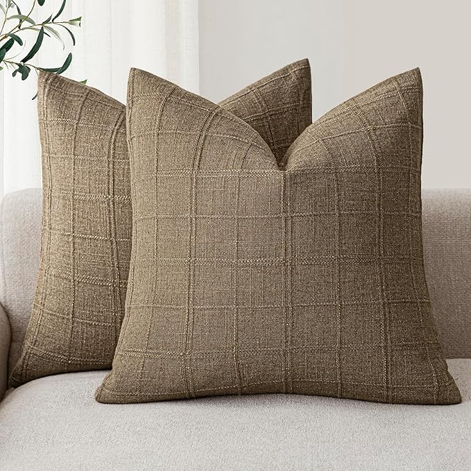 Foindtower Set of 2 Decorative Linen Check Throw Pillow Covers Neutral Farmhouse Vintage Cushion Covers Modern Boho Home Decor for Sofa Chair Couch Bedroom Living Room Outdoor,18×18 Inch,Light Brown