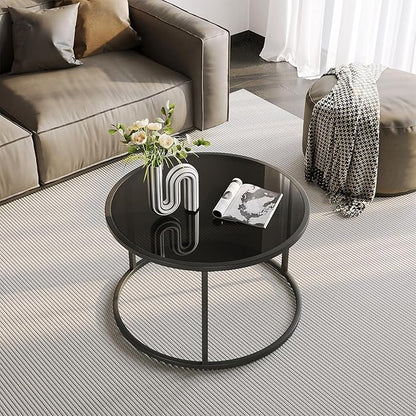 SAYGOER Black Glass Coffee Table Small Round Coffee Tables 27.6In Modern Tempered Glass-Top Accent Center Table for Living Room Home Office Small Space Easy Assembly