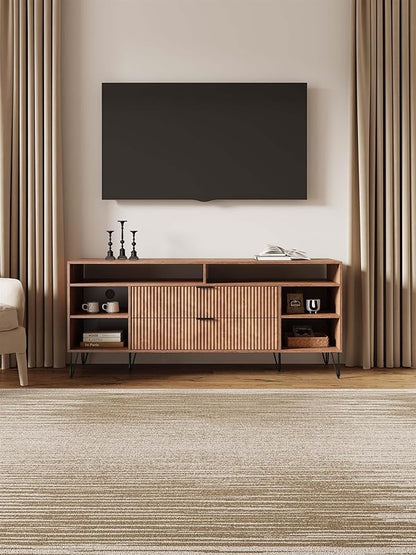 Manhattan Comfort Dumbo Mid Century Modern TV Stand for Televisions up to 60 Inches, Home Entertainment Center with Storage, 6 Shelves, 2 Drawers, No Tool Assembly, 63" Wide, Golden Brown