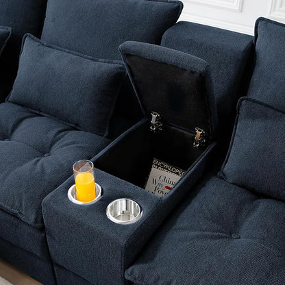 KEIKI 130" U-Shaped 6 seat Sofa with Storage Console, Cup Holders, Upholstered Sectional Sofa, Button Tufted Cloud Cushion Couch for Home, Office, Apartment, Blue