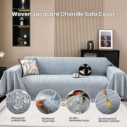 Nobildonna Sofa Cover Washable Soft Thicken Chenille Couch Cover with Tassel,Waterproof Sofa Slipcover for 2-3 Cushion Couch,Sectional Sofa,L-Shaped Furniture Protector Pet-Friendly,Dusty Blue71 x118
