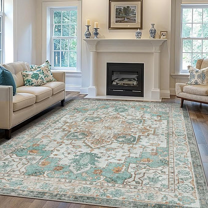 GENIMO 9x12 Area Rugs for Living Room, Machine Washable Non Slip Vintage Rugs, Low Pile Lightweight Chenille Print Rug for Bedroom, Dining Room, Home Office, Cyan
