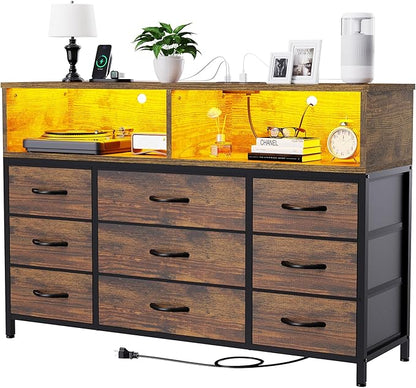 Dresser for Bedroom, Led Dresser TV Stand with Power Outlets and LED Lights, Long Fabric Dressers Wide Chest of Drawers with Large Organizer for Living Room, Entryway, Hallway,Rustic Brown