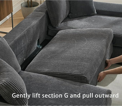Symmetrical U Shaped Sectional Sofa Convertible Pull Out Sleeper Sofabed with Double Chaise Daybed , Corduroy Upholstered U Shaped Lounge Sofa Couch Bed w/ Throw Pillows for Living Room Apartment