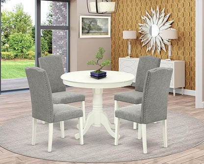 East West Furniture ANEN5-LWH-06 5 Piece Dining Room Furniture Set Includes a Round Kitchen Table with Pedestal and 4 Dark Shitake Linen Fabric Parsons Dining Chairs, 36x36 Inch, Linen White