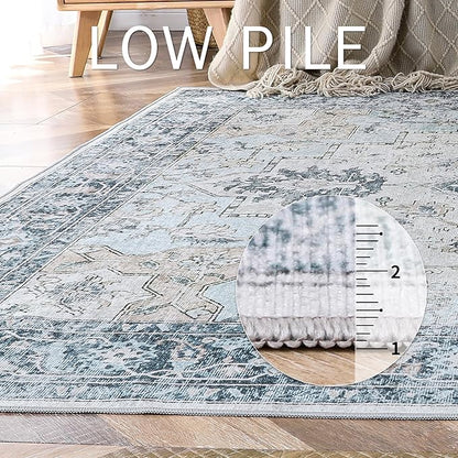 GENIMO 4x6 Area Rugs for Living Room, Machine Washable Rug, Non Slip Vintage Rugs, Low Pile Lightweight Chenille Print Rug for Bedroom, Dining Room, Home Office, Blue