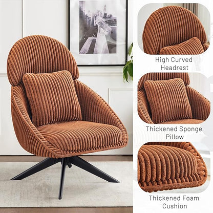Furniliving Large Swivel Accent Chair Modern Arm Chair Sofa Chair with Pillow Living Room Chair Bedroom Chair with Headrest Comfy Desk Chair Upholstered Chairs for Rest Room, Corduroy, Orange