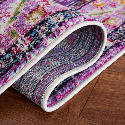 SAFAVIEH Monaco Collection Area Rug - 5' Round, Violet & Fuchsia, Boho Chic Medallion Distressed Design, Non-Shedding & Easy Care, Ideal for High Traffic Areas in Living Room, Bedroom (MNC243P)