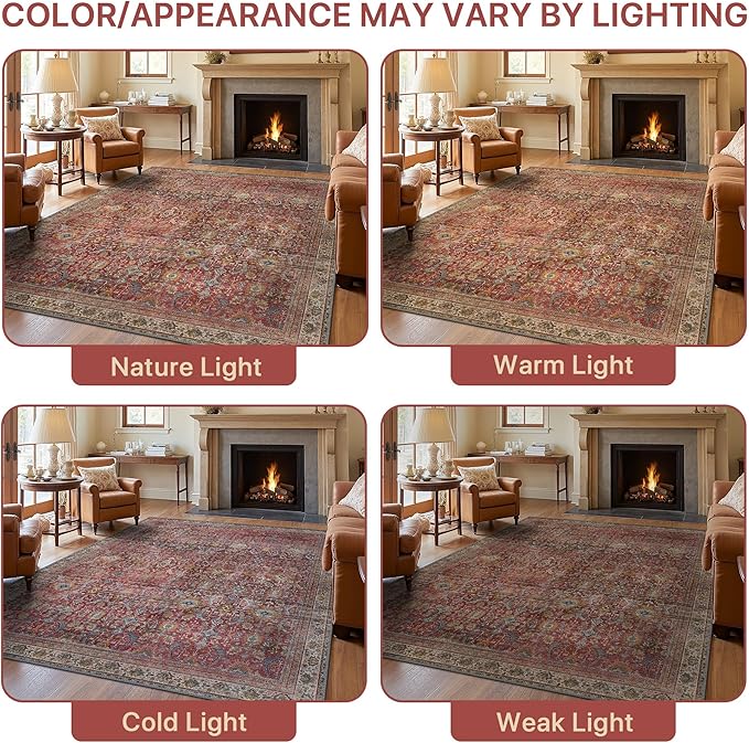 8X10 Area Rugs Machine Washable Rugs for Living Room, Vintage Boho Large Rugs for Bedroom Dining Room, Non Slip Indoor Soft Distressed Lightweight Thin Low Pile Carpet, Rust Red