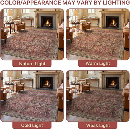 8X10 Area Rugs Machine Washable Rugs for Living Room, Vintage Boho Large Rugs for Bedroom Dining Room, Non Slip Indoor Soft Distressed Lightweight Thin Low Pile Carpet, Rust Red