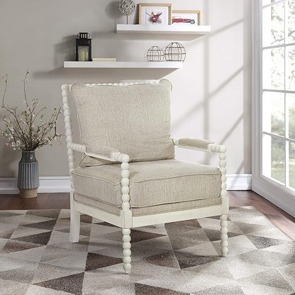 OSP Home Furnishings Kaylee Spindle Accent Chair with Antique White Wood Frame, Beige Linen Fabric