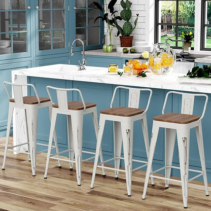 WENTMENT Bar Stools Set of 4, Industrial Style, Metal Frame, Distressed White, Wooden Seat, 24" H x 12.2" W x 15.6" D, 330 lbs Max Weight, Counter Height