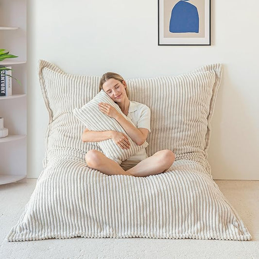 MAXYOYO Giant Bean Bag Chair with Pillow, 3 in 1 Convertible Bean Bag Chair for Adults with Washable Cover, Removable Floor Cushion Stuffed Floor Lounger for Living Room Bedroom, White, Full