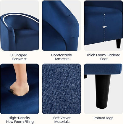 Yaheetech Velvet Club Chair, Modern Tufted Accent Chair with Armrest, Upholstered Barrel Chair with Solid Legs for Living Room/Bedroom/Study/Waiting Room, Navy Blue