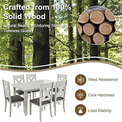 VECELO Peatuk 6-Piece Solid Wood Dining Table Set for 6, Modern Breakfast Dinette Kitchen Table with Chairs for Dining Room, Kitchen, Grey