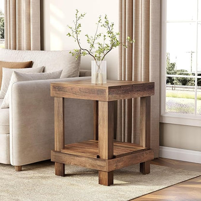 LITTLE TREE End Table Set of 2, All Wooden 2-Tier Square Side Table with Storage Shelves, Farmhouse Style Side End Table for Living Room, Small Bedside Table Nightstand for Bedroom, Reclaimed Natural