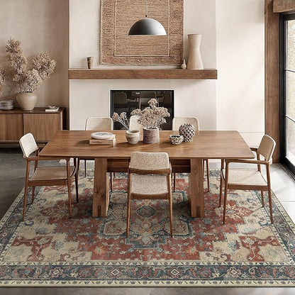 GENIMO 10x14 Area Rugs for Living Room, Machine Washable Non Slip Vintage Rugs, Low Pile Lightweight Chenille Print Rug for Bedroom, Dining Room, Home Office,Bordeaux