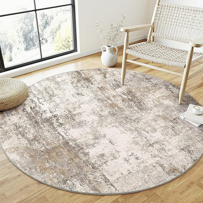 6x6 Washable Round Rug Brown Grey Neutral Abstract Living Room Bedroom Area Rug Non Slip Soft Low Pile Indoor Floor Carpet for Office Dining Room Kitchen Entryway