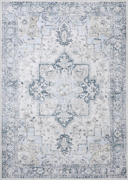 GENIMO 7'6''x9'6'' Area Rugs for Living Room, Machine Washable Non Slip Vintage Rugs, Low Pile Lightweight Chenille Print Rug for Bedroom, Dining Room, Home Office, Blue