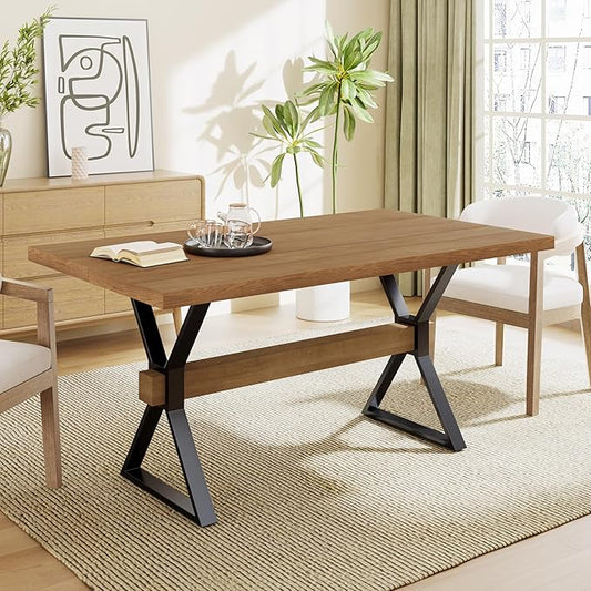 Christopher Knight Home Keyats 63 Inch Dining Table for 6 People, Modern Farmhouse Kitchen Table with X-Shaped Metal Legs, Rectangular Dinner Furniture for Dining Room, Home Office, Brown