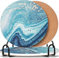 3-Pcs 7'' Ceramic Marble Style Trivet with Holder, Absorbent Trivets for Hot Dishes, Cork Bottom Anti-Slip Trivet Mats for Hot Pots and Pans