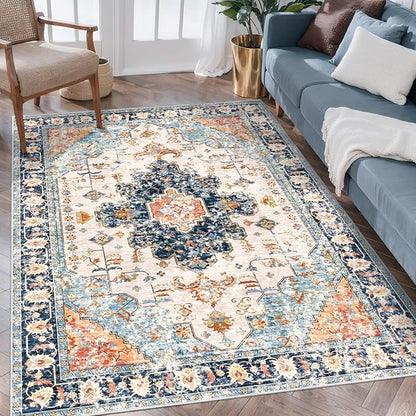 Tangsoo 3x5 Rug for Bedroom, Washable Vintage Rugs Indoor, Non Slip Accent Rug, Print Distressed Blue/Beige Carpet, Soft Low Pile for Living Room Dorm Bedroom Bedside Entryway Bathroom