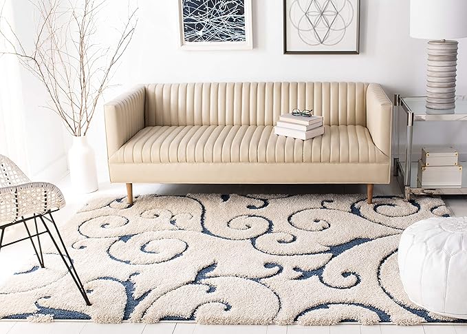 SAFAVIEH Florida Shag Collection X-Large Area Rug - 11' x 15', Cream & Blue, Scroll Design, Non-Shedding & Easy Care, 1.2-inch Thick Ideal for High Traffic Areas in Living Room, Bedroom (SG455-1165)