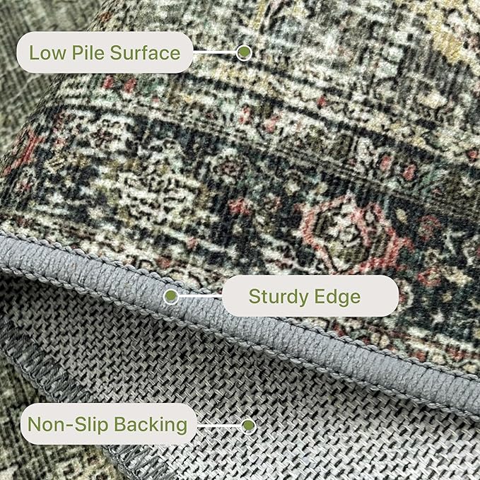 8X10 Area Rugs Machine Washable Rugs for Living Room, Vintage Boho Large Rugs for Bedroom Dining Room, Non Slip Indoor Soft Distressed Lightweight Thin Low Pile Carpet, Green
