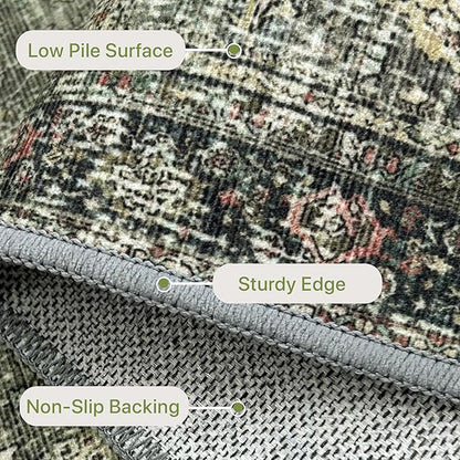 9X12 Area Rugs Machine Washable Rugs for Living Room, Vintage Boho Large Rugs for Bedroom Dining Room, Non Slip Indoor Soft Distressed Lightweight Thin Low Pile Carpet, Green