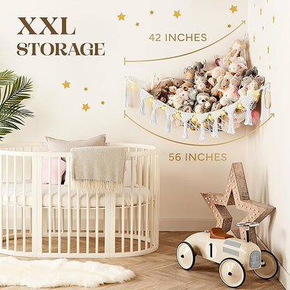 Snow White Macrame DreamLights Boho Stuffed Animal Storage Net (Extra Large) and Hammock for Small Plushies - Pure Cotton