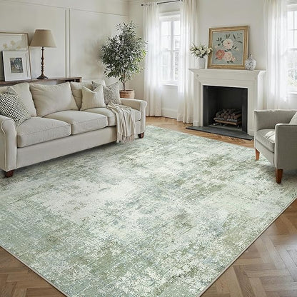 9x12Washable Area Rug Green Modern Neutral Abstract Living Room Bedroom Indoor Floor Carpet Low Pile Soft Non-Slip Lightweight Vacuumable Large Throw Rug for Nursery Dining Room