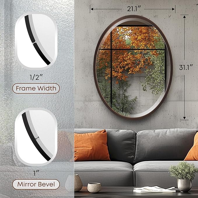OVALCREST - Oval Wooden Beveled Wall Mirror for Home Decor, Bathroom, Vanity, Bedroom, Living Room, Hallway - London Style (Rubbed Bronze) 21.1 x 31.1