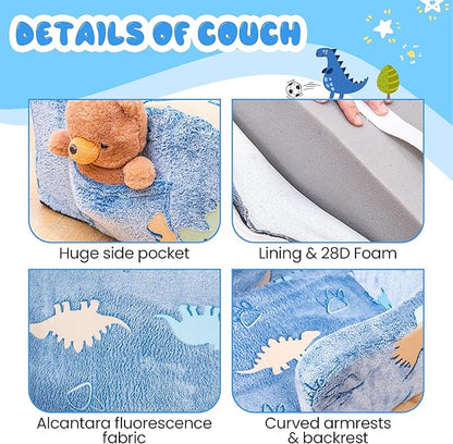 Lamerge 2-in-1 Toddler Couch,Glow in The Dark Baby Floor Bed,Foldable Toddler Chair Kids Sofa for playroom,Convertible Sofa to Lounger for Girls and Boys (Blue and Dinosaur)