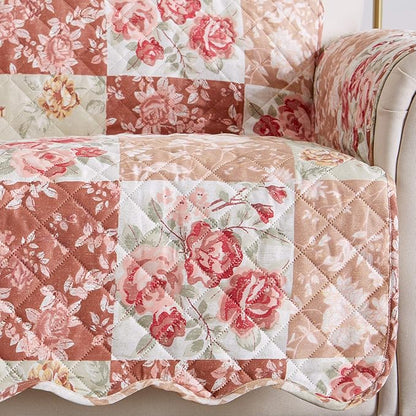 Great Bay Home Reversible Floral Patchwork Furniture Protector Scalloped Edge Stain Resistant Printed Furniture Protector Maribel Collection (Loveseat, Burgundy/Taupe)