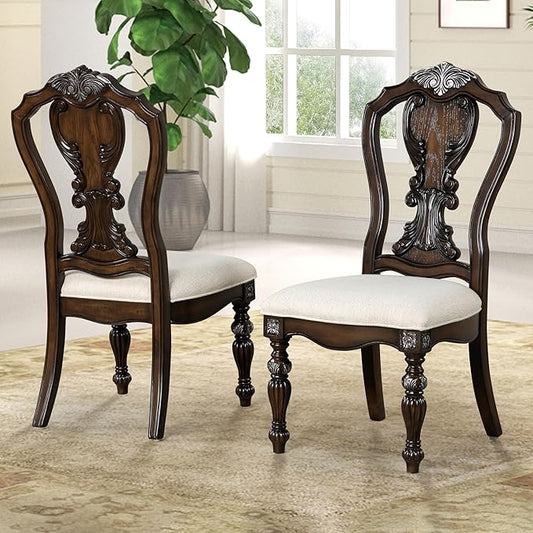 Furniture of America Byrne Traditional Side Chairs Set of 2, Comfortable Upholstered Seating with Ornate Corbels and Decoractive Backrest for Dining Room, Kitchen, and Living Room, Dark Brown