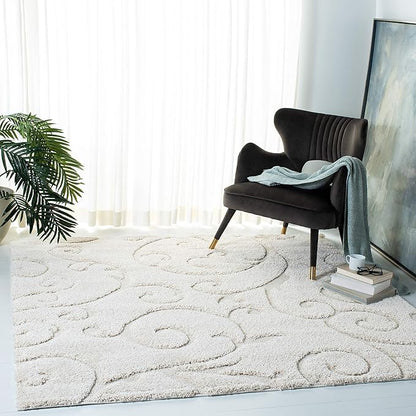 SAFAVIEH Florida Shag Collection Area Rug - 8' Square, Creme & Creme, Scroll Design, Non-Shedding & Easy Care, 1.2-inch Thick Ideal for High Traffic Areas in Living Room, Bedroom (SG455-1111)
