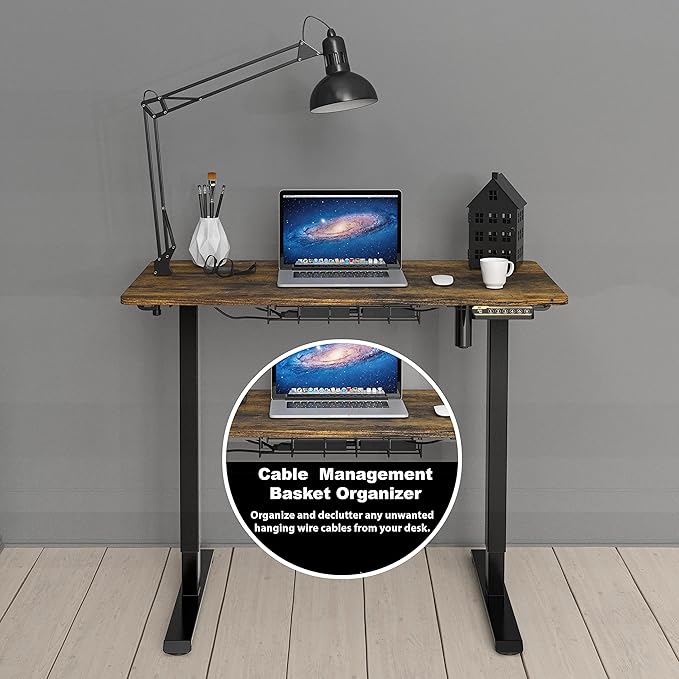 SHW 40 x 22 Inches Electric Height Adjustable Sit to Stand Desk with Hanging Hooks and Cable Management, Black Frame and Rustic Brown Top