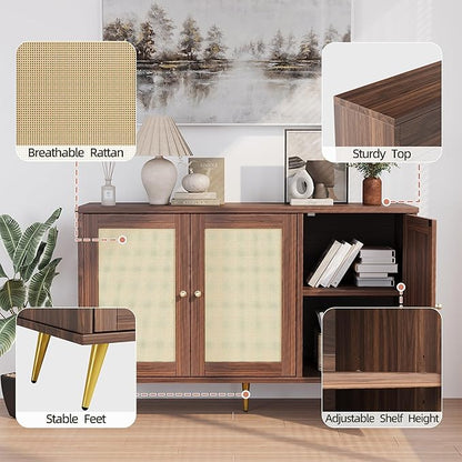 Shintenchi Large Rattan Storage Cabinet, Modern Sideboard Cabinet, Accent Large Storage Space Cabinet with Rattan Decorated Doors for Living Room, Dining Room, Brown