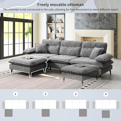 106" L Shaped Convertible Sectional Sofa,4 Seat Tufted Cloud Couch Set W/Movable Ottoman for Living Room, Apartment,Office,Chenille Fabric,Grey