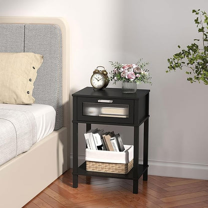 Nightstand Wooden Bedside Table with Drawer Black Night Stands Modern Style Small End Table Side Table with Storage Shelf for Bedroom Living Room MLBZ10B