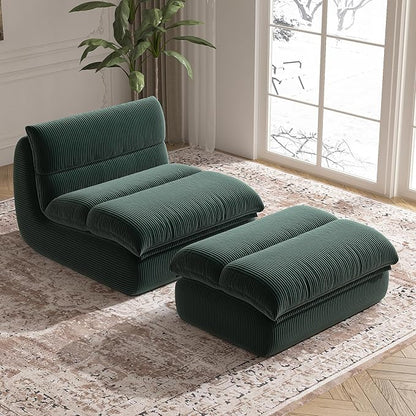 Bean Bag Chair with Ottoman, Cozy Comfy Reading Nook Chairs, Ultra Soft Corduroy Fabric Bean Bag Chairs for Adults, Reading Chair with Ottoman for Living Room, Bedroom Apartment (Green)