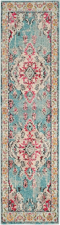 SAFAVIEH Monaco Collection Runner Rug - 2'2" x 12', Light Blue & Fuchsia, Medallion Distressed Design, Non-Shedding & Easy Care, Ideal for High Traffic Areas in Living Room, Bedroom (MNC243J)