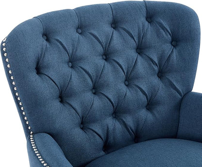 Ball & Cast Accent Chair,Mid-Century Lounge Living Room Chairs with Button Tufting,Upholstered Reading Accent Chair W/Solid Wood Legs and Curved Backrest,for Bedroom,Apartment,Navy Blue
