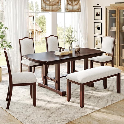 Ball & Cast 60"-78" Extendable Farmhouse Dining-Table for 6-8, Expandable Wooden Kitchen Table with 18" Removable Leaf, Large Retro H-Leg Dining Room Table for 4-8,Space Saving & Sturdy, Cherry