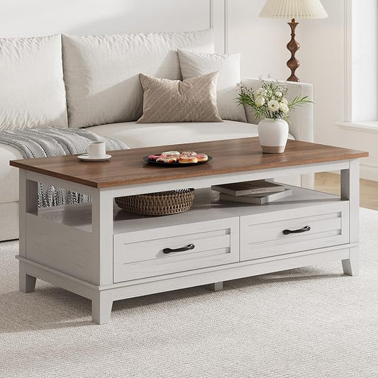 GarveeHome Farmhouse Coffee Table with Drawers, 47.2" Center Table Rustic Coffee Tables White Brown Living Room Table, with Open Shelf and 6 Support Legs