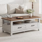 GarveeHome Farmhouse Coffee Table with Drawers, 47.2" Center Table Rustic Coffee Tables White Brown Living Room Table, with Open Shelf and 6 Support Legs